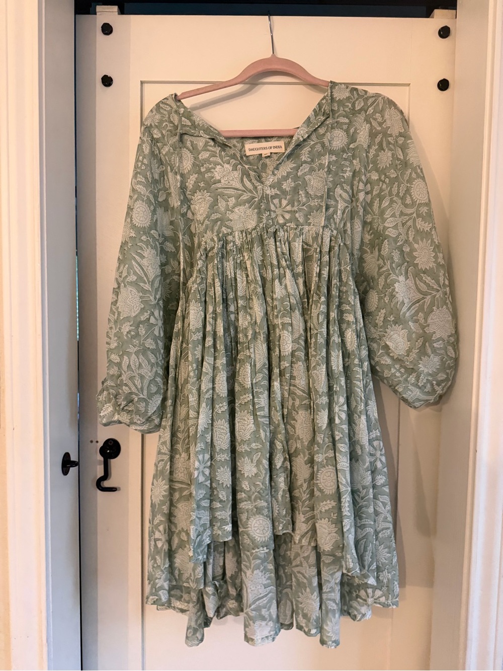 Daughters of India Sage Green Floral Puff-Sleeve Dress